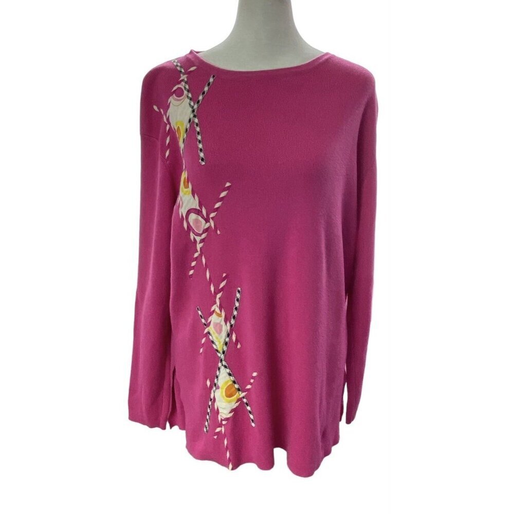 KOOS Of Course Women Ramie Silk Sweater Geometric‎ Applique Sz M Pink 79-44